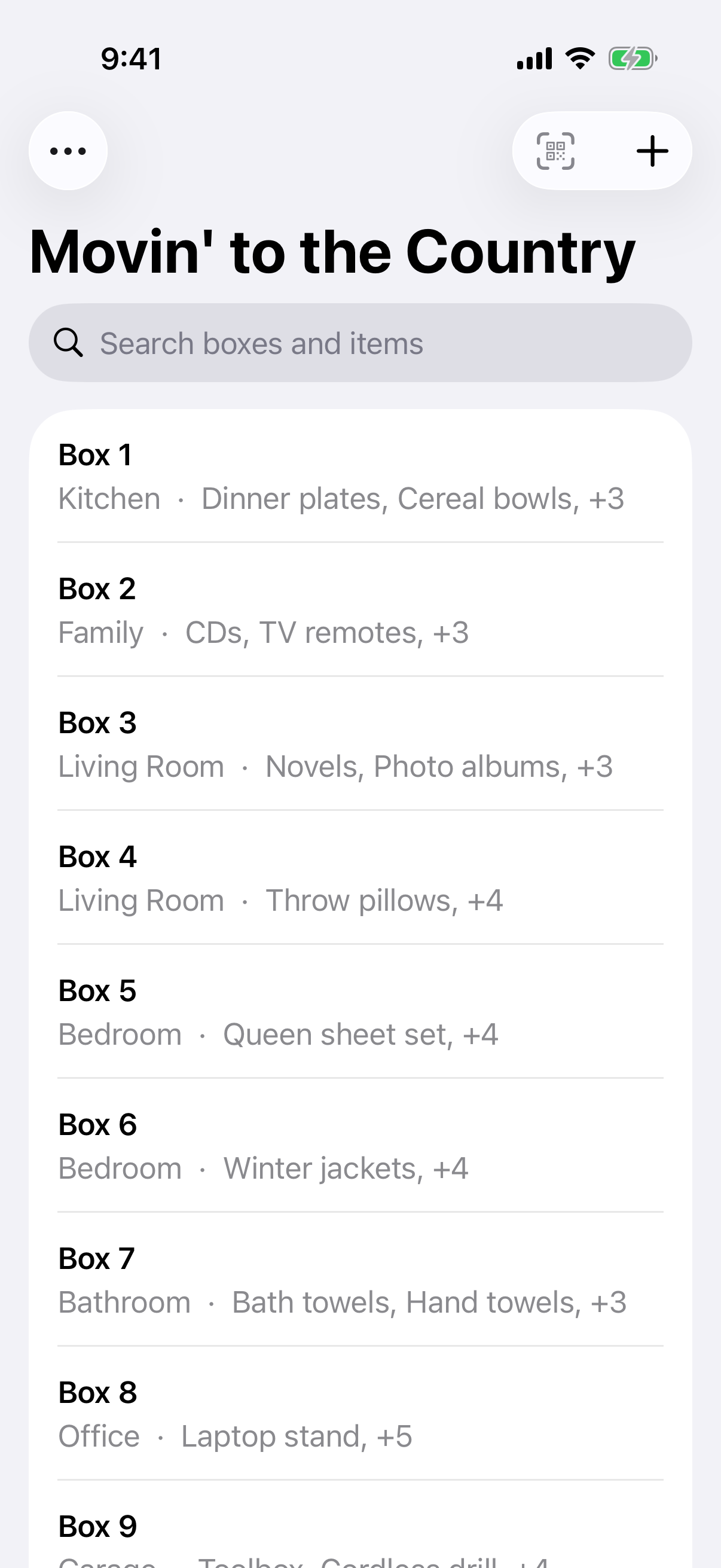 A list of numbered moving boxes and their contents
