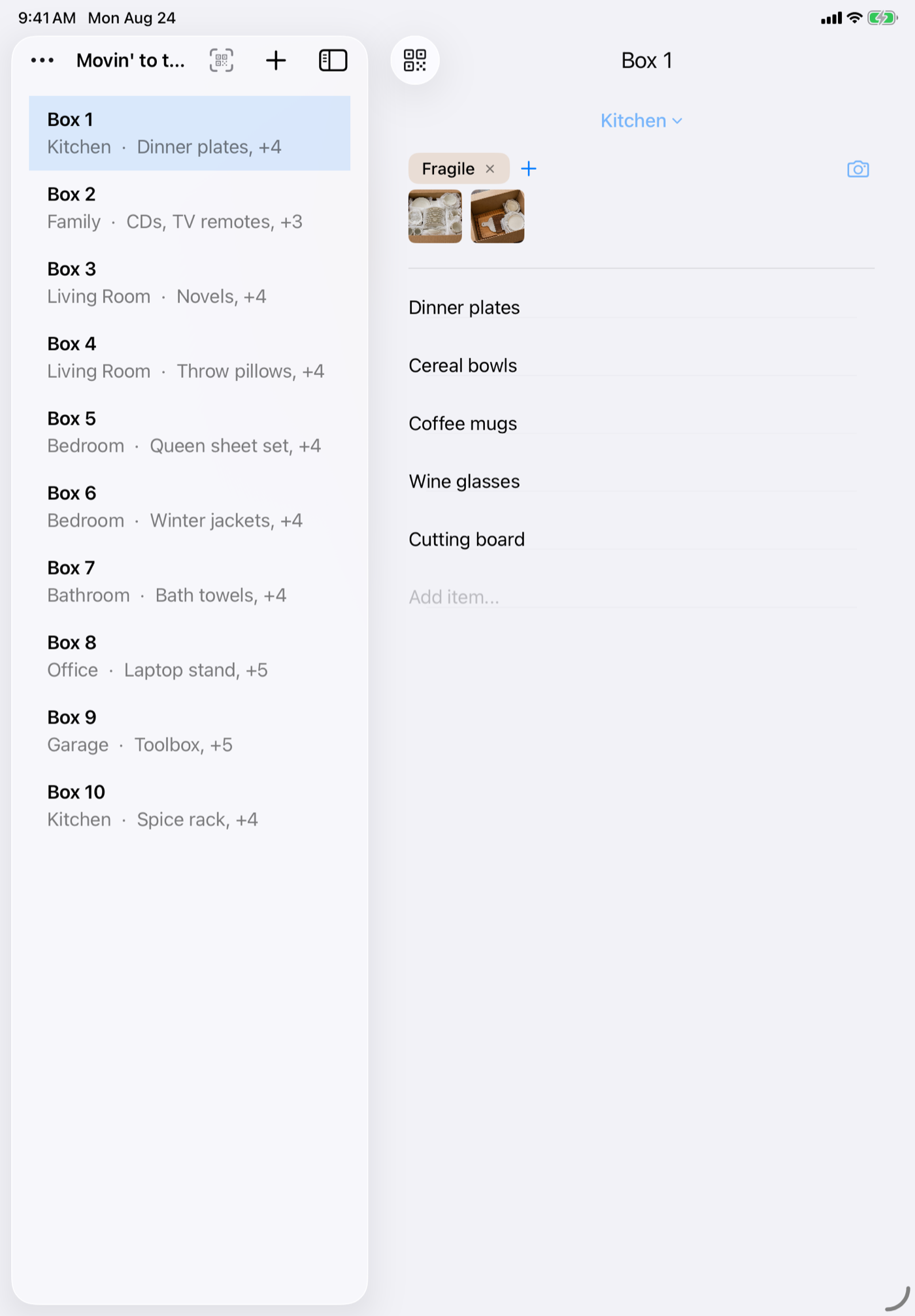 Box Tracker’s two-column iPad interface showing a box list and editable box details